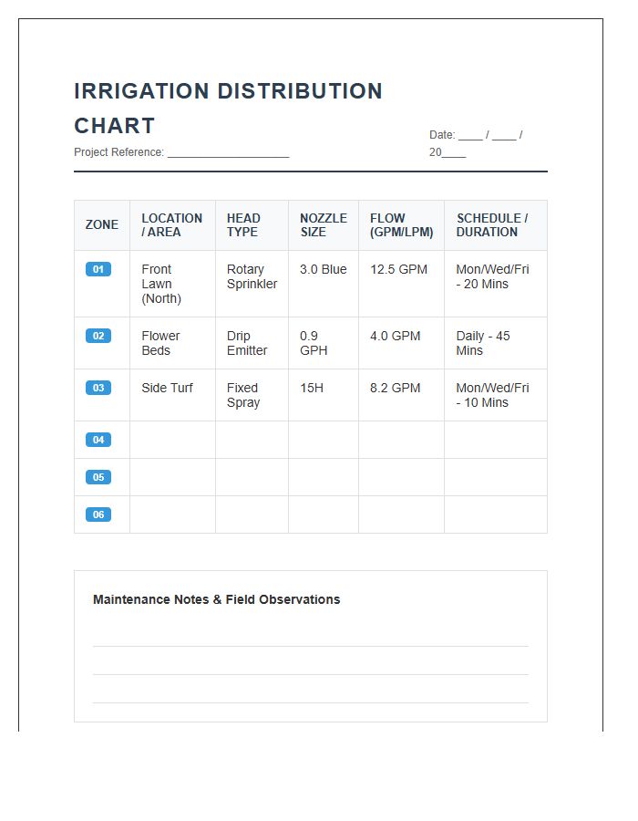 Irrigation Systems Distribution Printable Chart