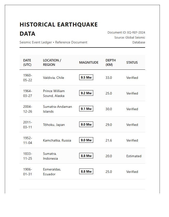 Printable Historical Earthquake Occurrence Data Chart