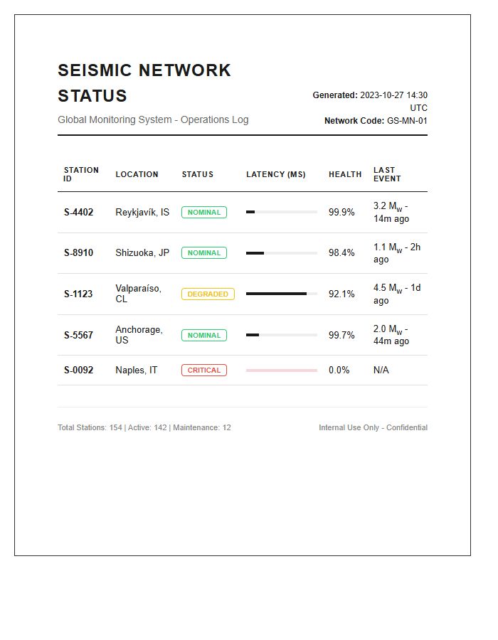 Printable Seismic Monitoring Network Status Chart