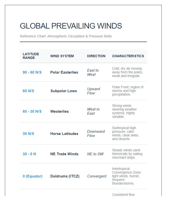 Comprehensive Printable World Prevailing Winds Chart