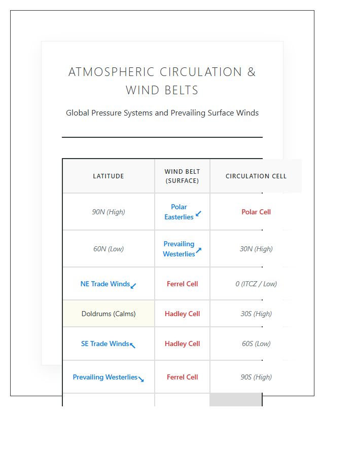 Detailed Printable Atmospheric Wind Belt Map Chart