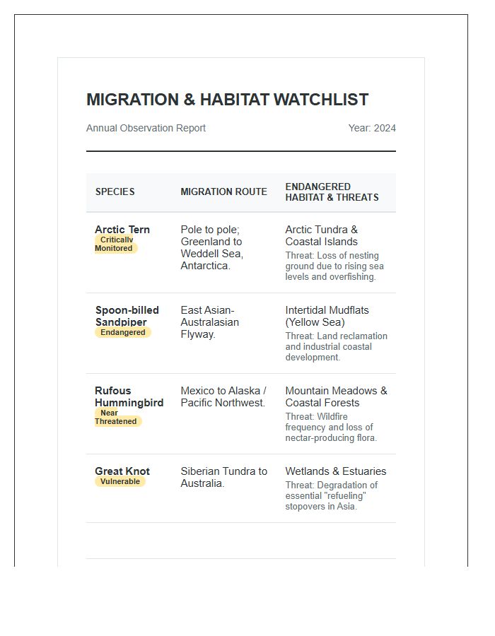 Bird Migration And Endangered Habitat Printable Chart