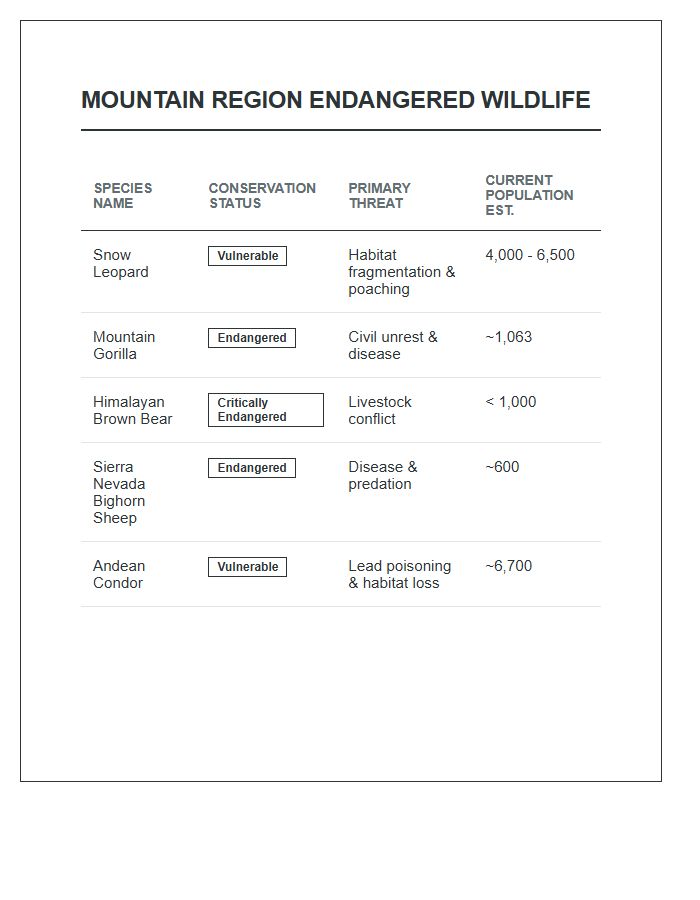 Mountain Region Endangered Wildlife Printable Chart