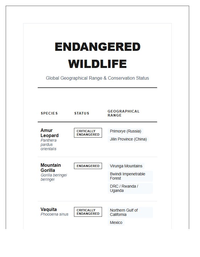 Threatened Animals Geographical Range Printable Wall Chart