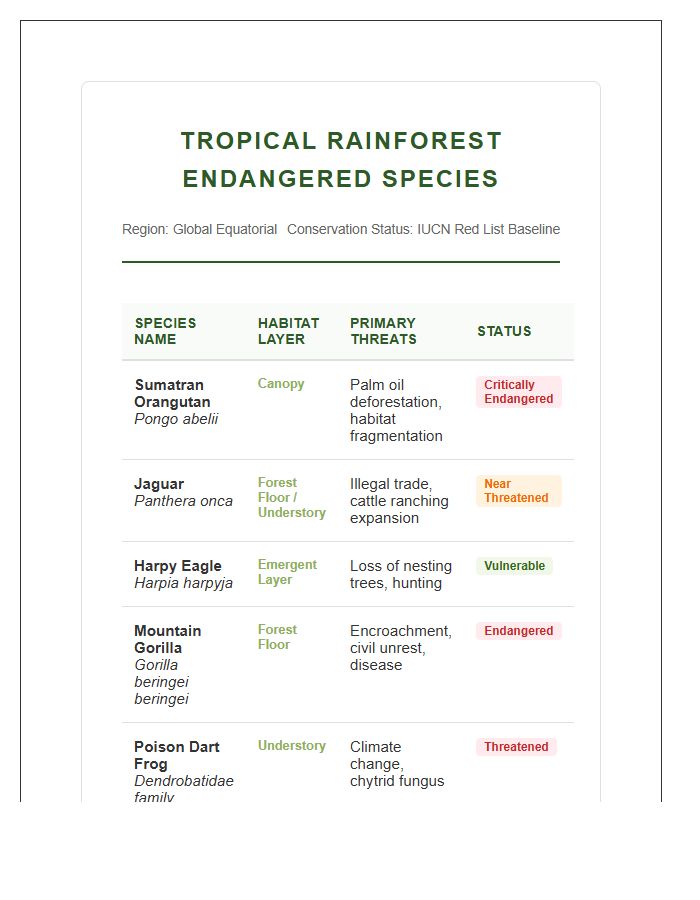 Tropical Rainforest Endangered Species Printable Habitat Chart