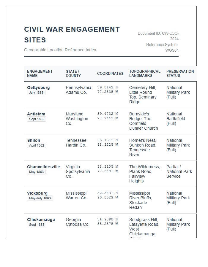 Detailed Civil War Engagement Site Printable Location Chart