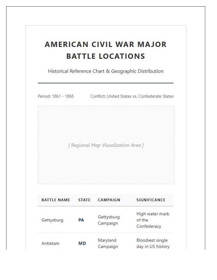 Printable American Civil War Battle Locations Map Chart