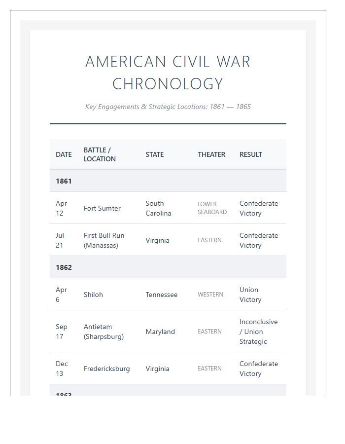 Printable Civil War Chronological Battle Site Map Chart