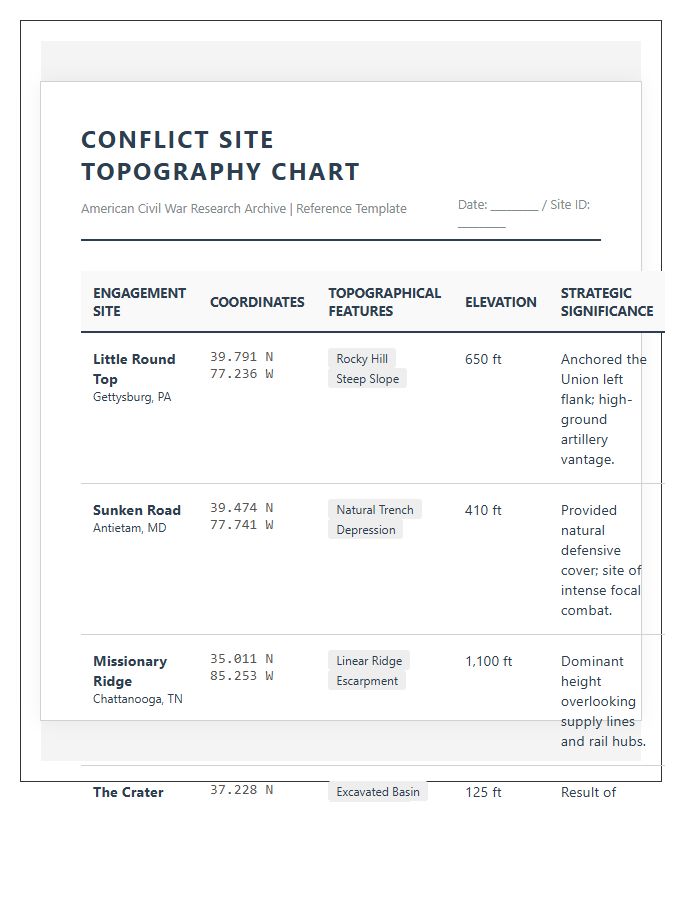 Printable Civil War Conflict Site Topography Map Location Chart