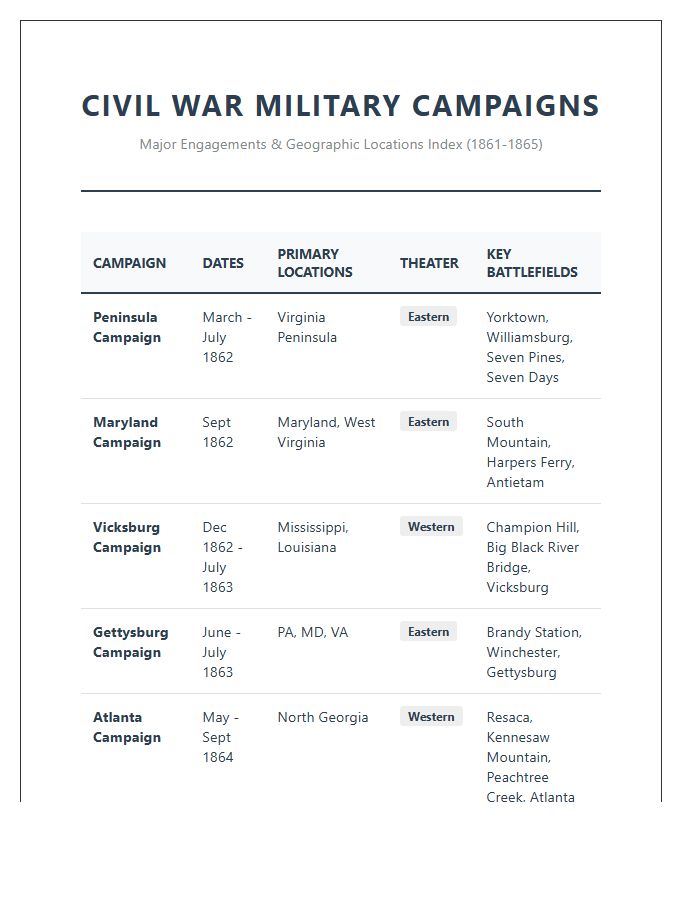 Printable Civil War Military Campaign Site Locations Chart