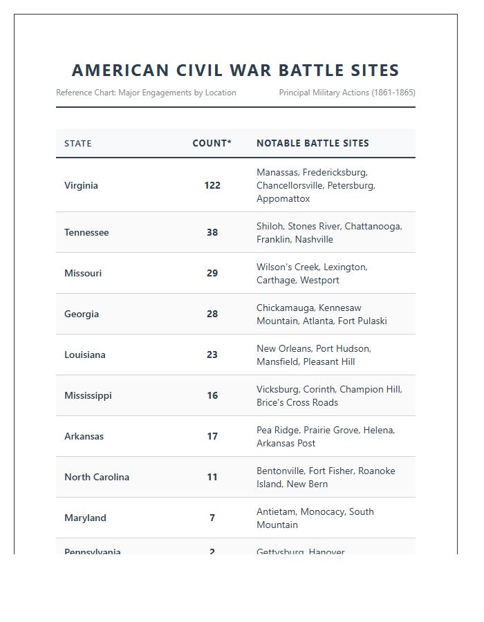 Printable Civil War State By State Battle Site Map Chart