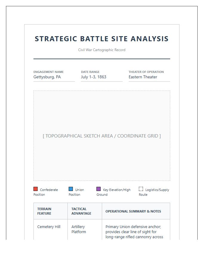Printable Civil War Strategic Battle Site Analysis Map Chart