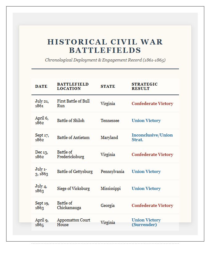 Printable Historical Civil War Battlefields Detailed Map Chart