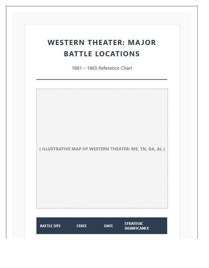 Western Theater Civil War Battle Location Printable Map Chart