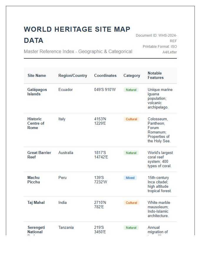 Comprehensive World Heritage Site Map Printable Data Chart