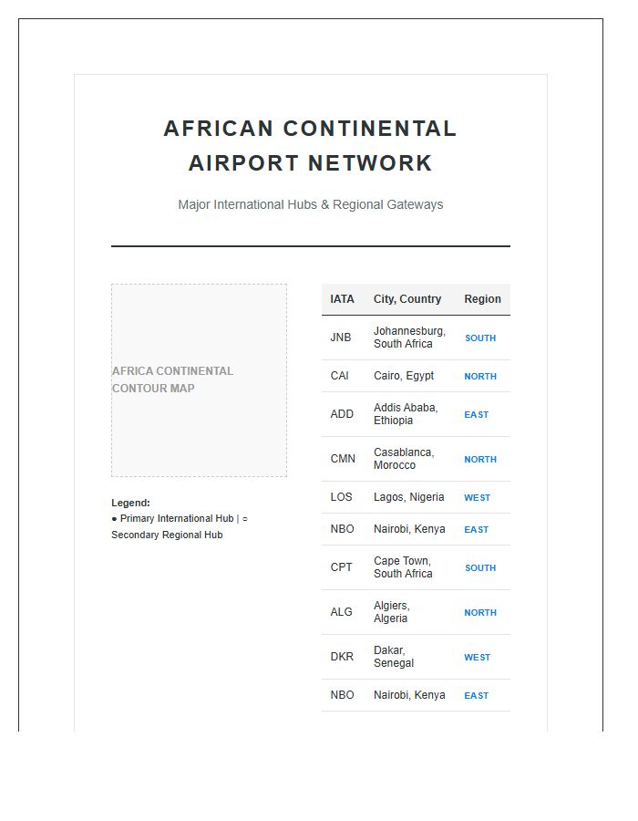 African Continental Airport Location Map Chart Printable