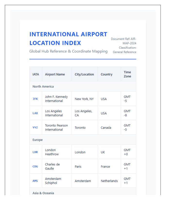 Comprehensive International Airport Location Map Chart Printable