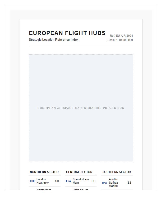 European International Airport Location Map Chart Printable Layout