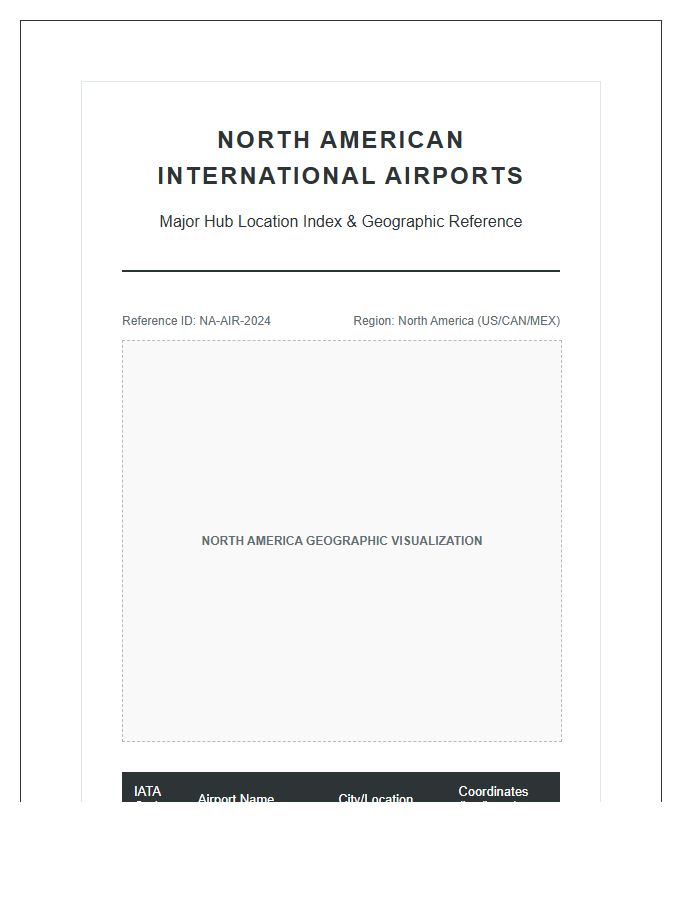 North American International Airport Location Map Chart Printable