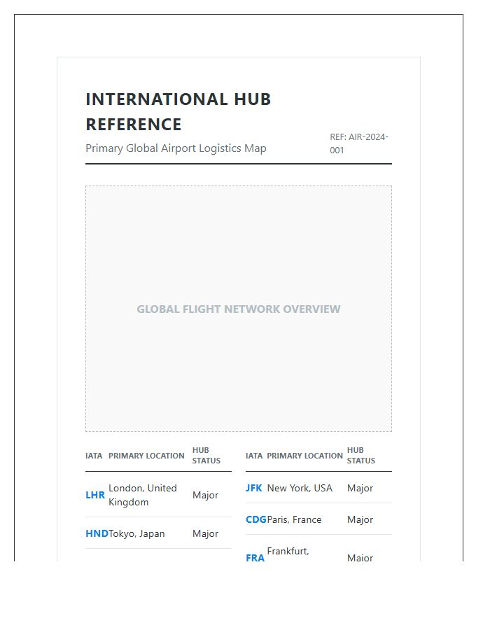 Primary International Airport Location Map Chart Printable Reference