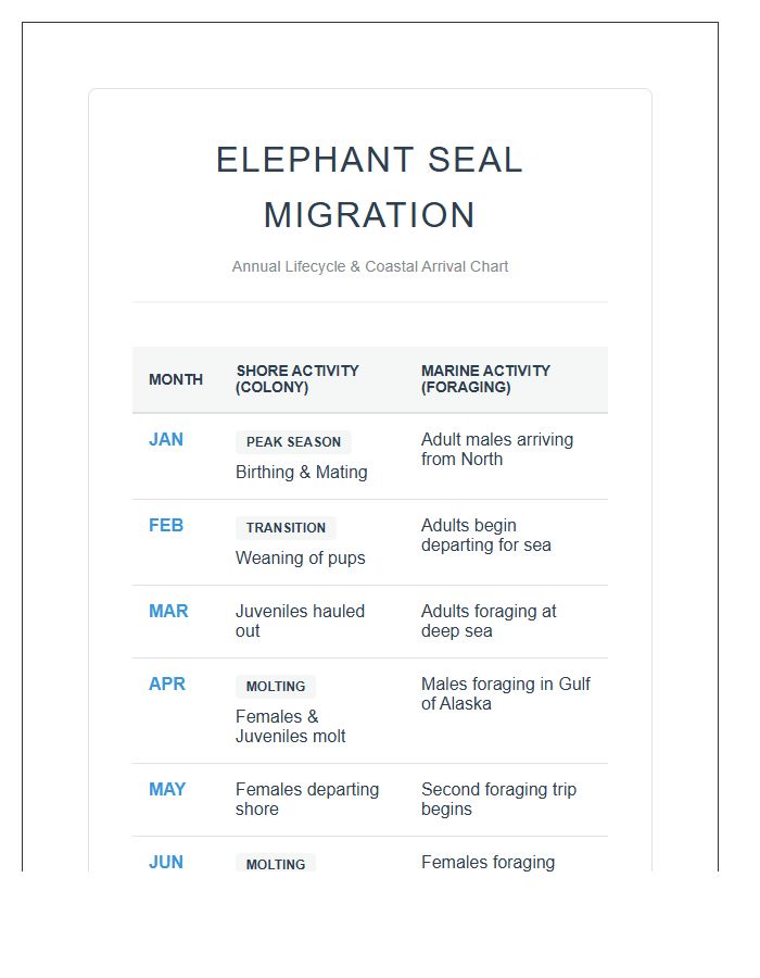 Printable Elephant Seal Annual Migration Chart
