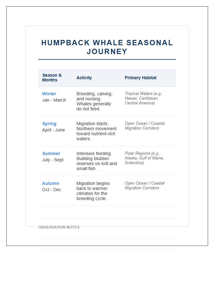 Printable Humpback Whale Seasonal Journey Chart