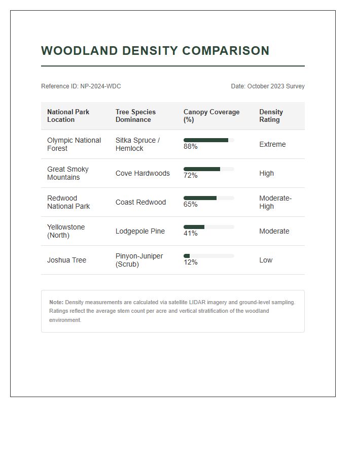 Printable National Park Woodland Density Comparison Chart