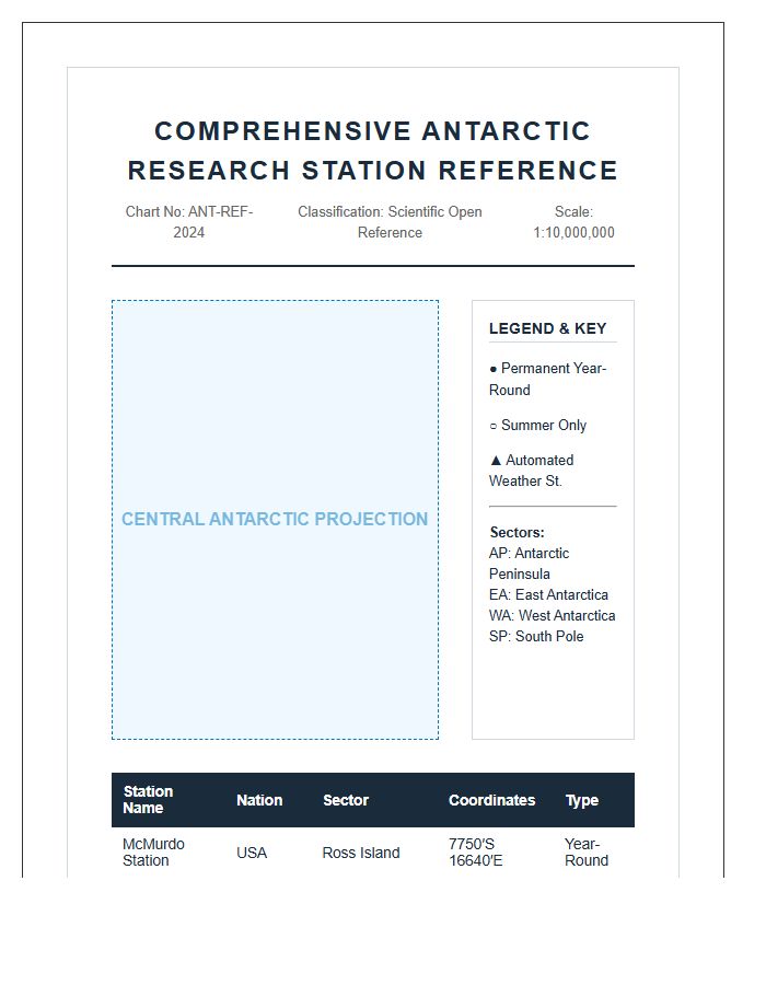 Comprehensive Printable Antarctic Research Station Reference Map Chart