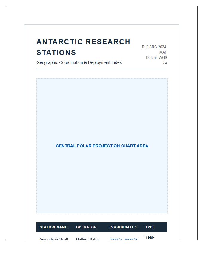 Printable Antarctic Research Station Geographic Location Map Chart