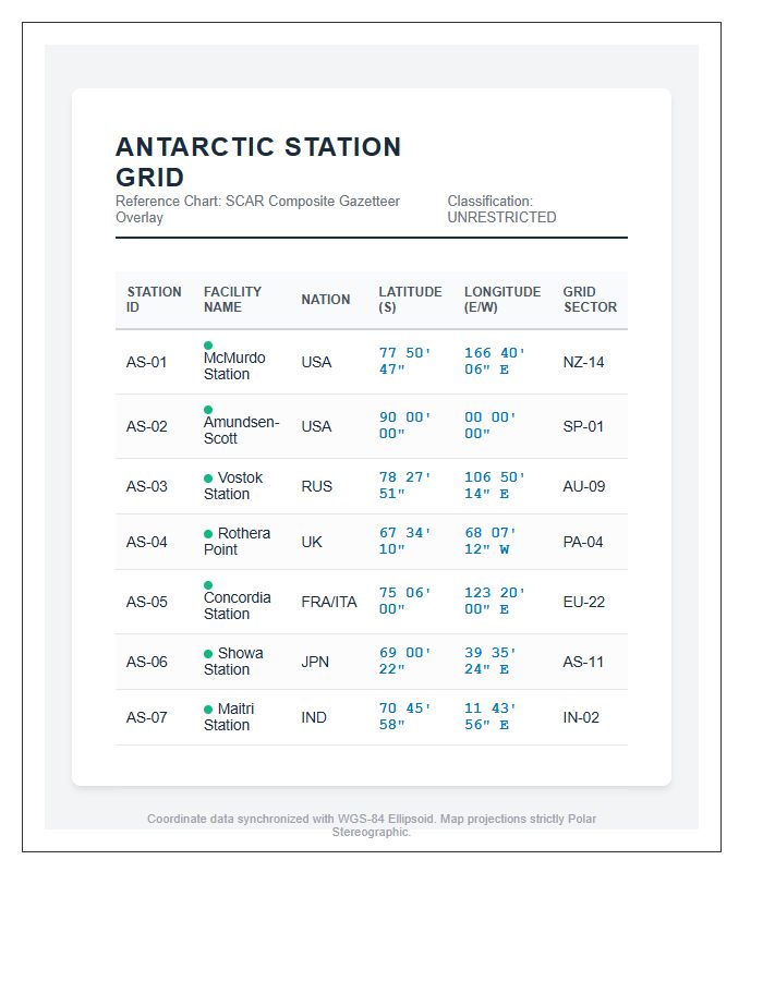 Printable Antarctic Research Station Grid Coordinates Map Chart