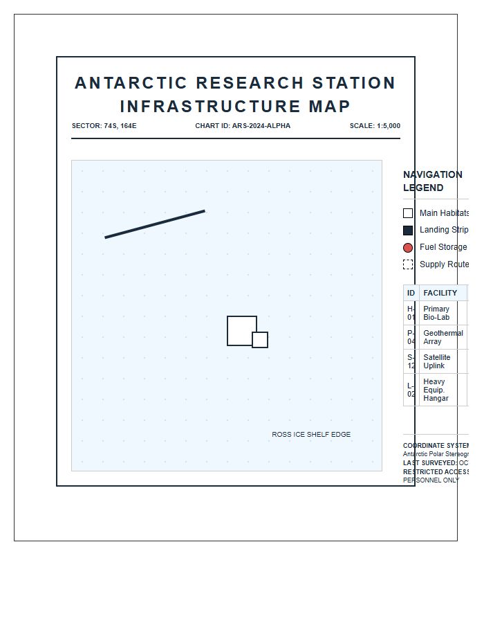 Printable Antarctic Research Station Infrastructure Navigation Map Chart