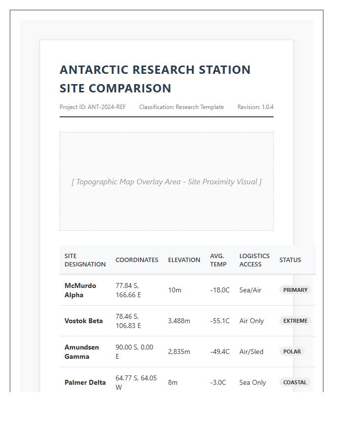 Printable Antarctic Research Station Site Comparison Map Chart