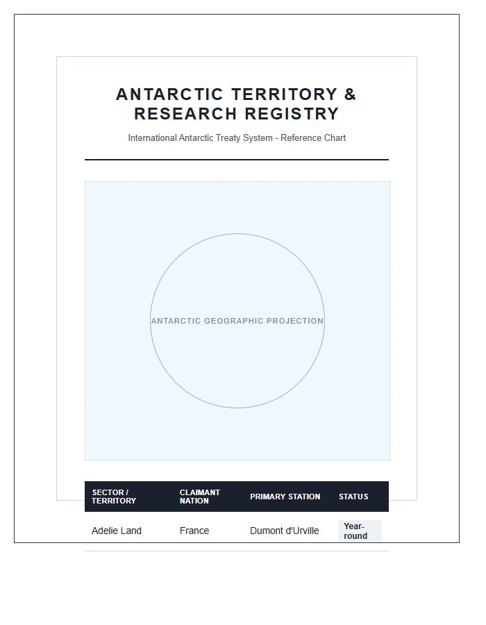 Printable Antarctic Research Station Territory Claims Map Chart
