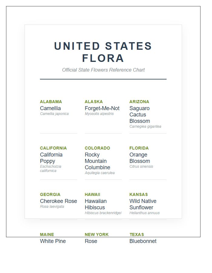 High Quality Printable State Flower Map Chart