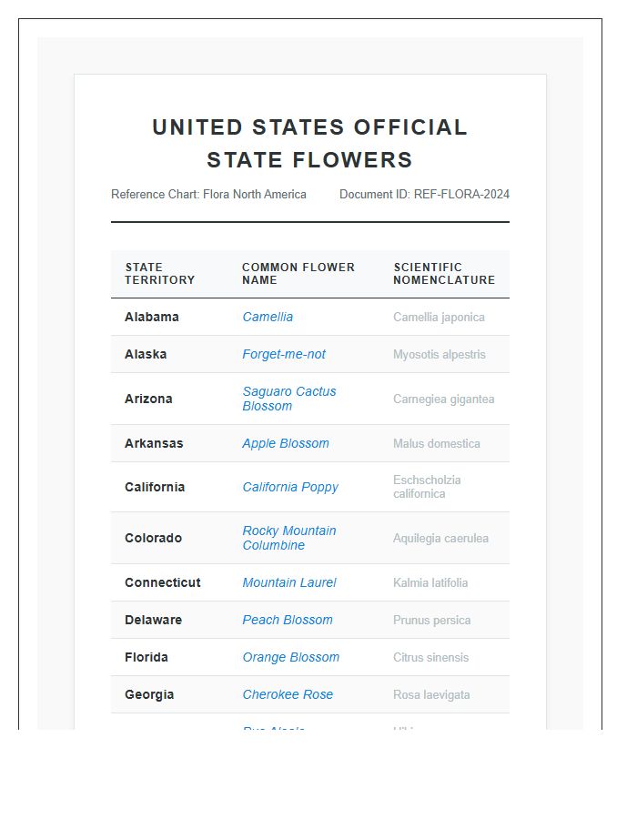 Professional Reference Printable State Flower Map Chart