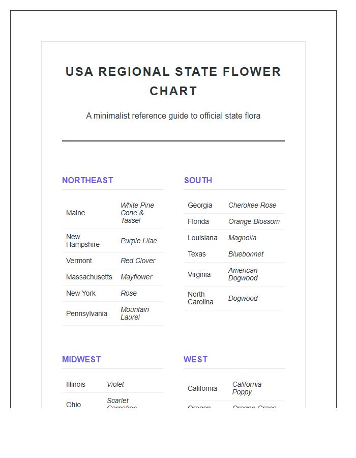 USA Regional Printable State Flower Map Chart