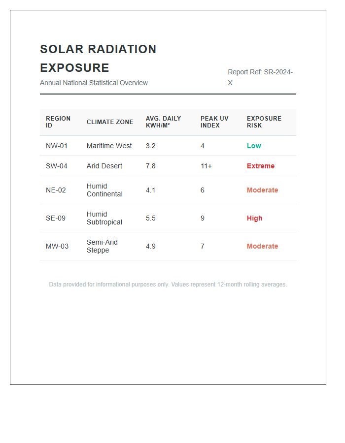 National Solar Radiation Exposure Printable Data Chart