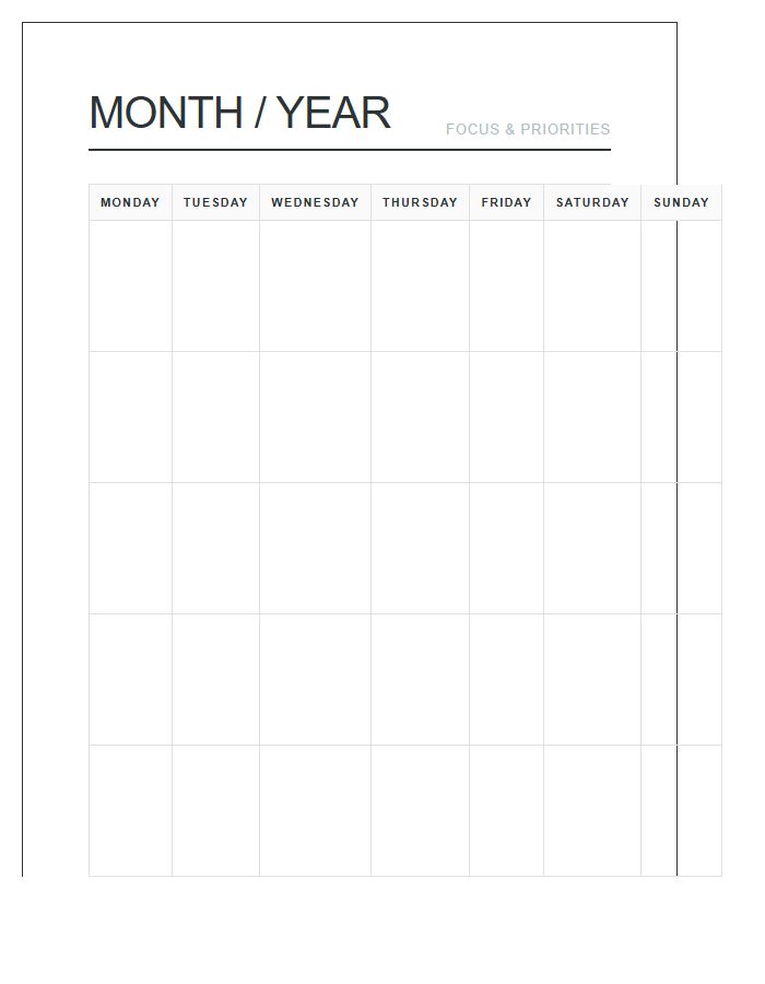 Blank Grid Home Office Wall Calendar Printable Chart