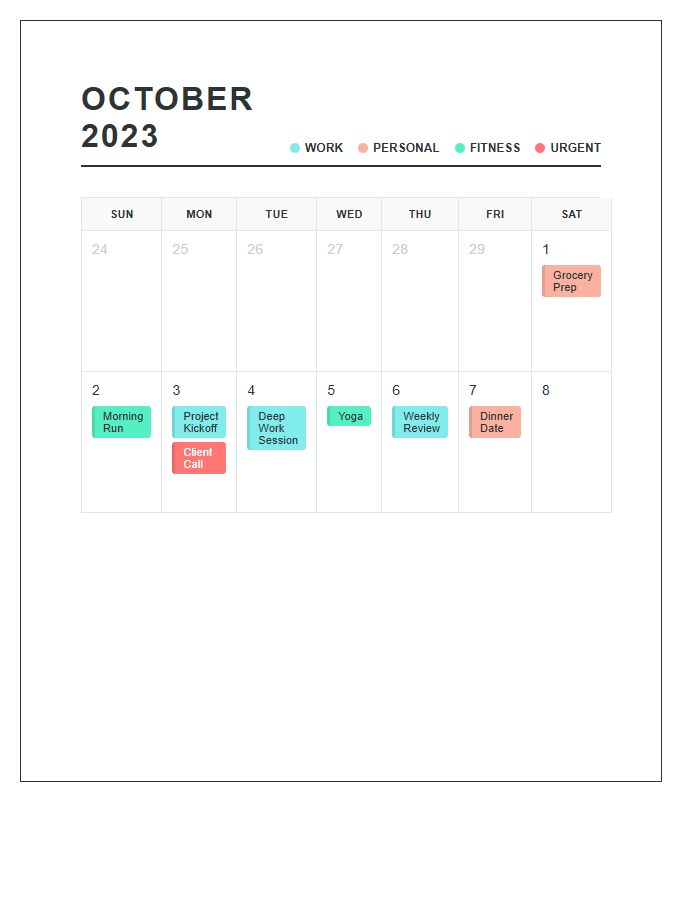Color Coded Home Office Wall Calendar Printable Chart