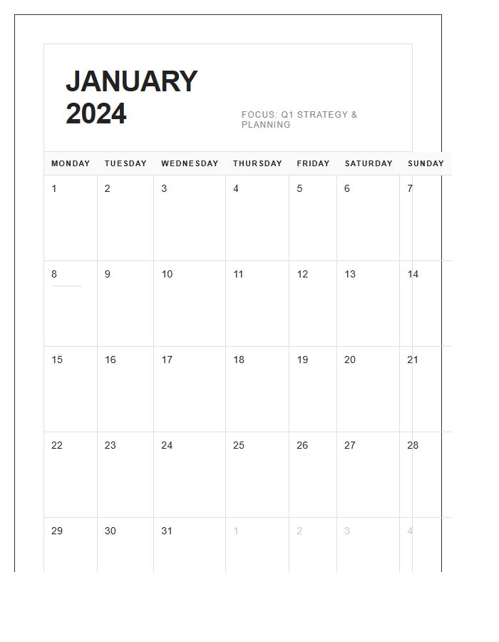 Horizontal Landscape Home Office Wall Calendar Printable Chart