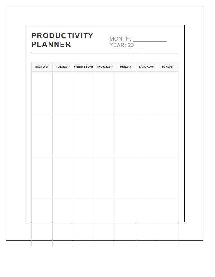 Monthly Productivity Home Office Wall Calendar Printable Chart