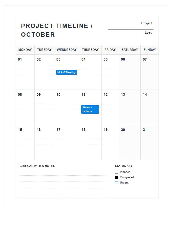 Project Management Home Office Wall Calendar Printable Chart