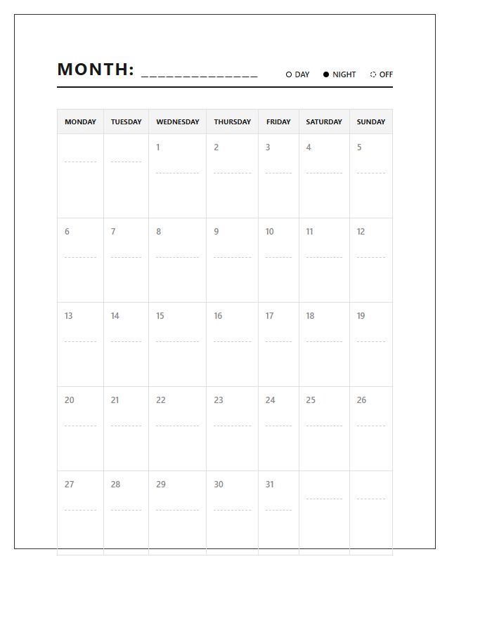 Shift Worker Home Office Wall Calendar Printable Chart