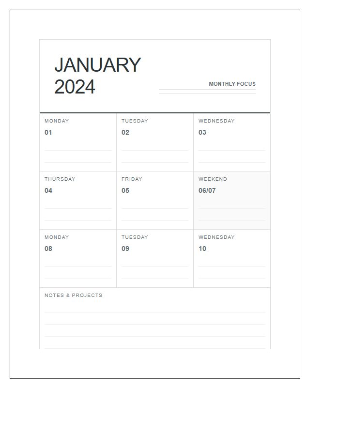 Vertical Layout Home Office Wall Calendar Printable Chart