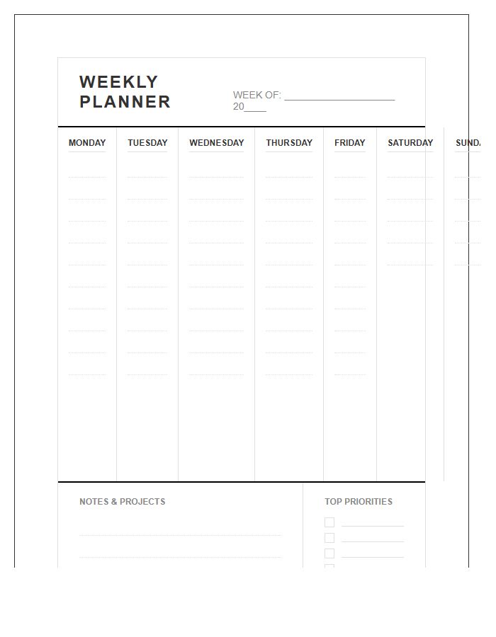 Weekly Planning Home Office Wall Calendar Printable Chart
