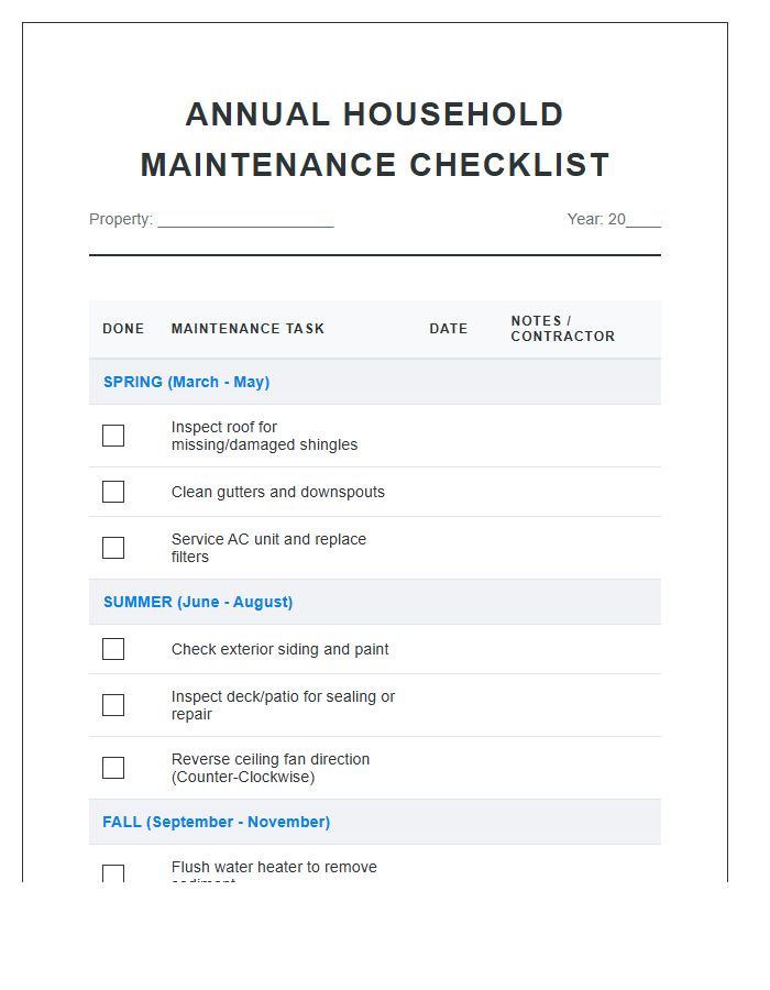 Annual Household Maintenance Checklist Printable Chart