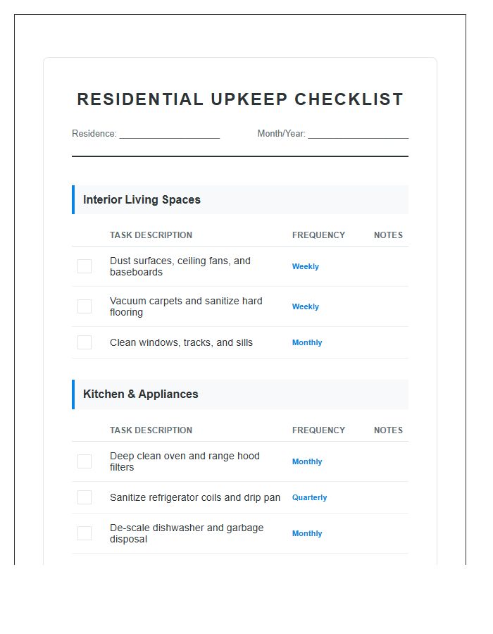 Apartment And House Upkeep Printable Chart