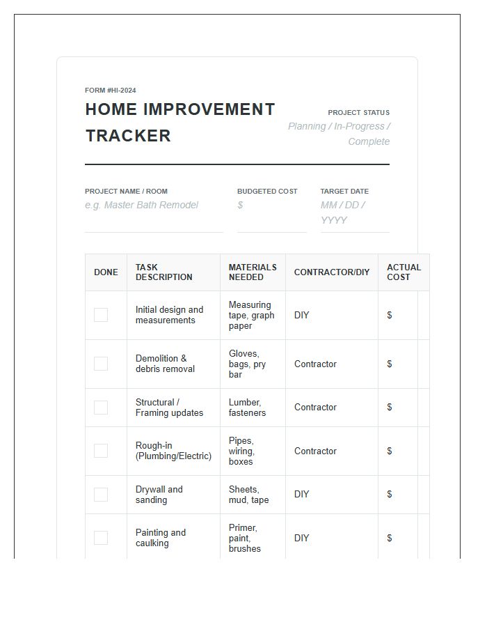 Complete Home Improvement Project Printable Chart