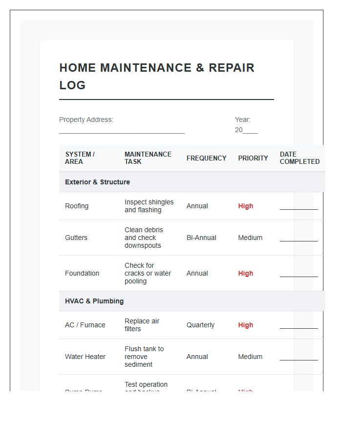 Comprehensive Home Ownership Repair Printable Chart