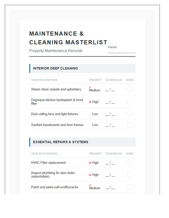 Detailed House Cleaning And Repair Printable Chart